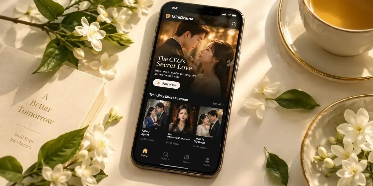 下载APP页面氛围图，手机与茉莉花在暖光中的静物构图